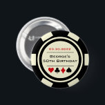 Birthday Poker Chip Casino Theme Red Black 6 Cm Round Badge<br><div class="desc">These white and black glossy poker chip style buttons would make a perfect gift for either the birthday boy,  or,  for the whole party to wear while at the party! Personalise your design with your name and birthdate # in black in the centre,  and birthday in red on top.</div>
