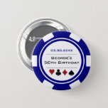 Birthday Poker Chip Casino Theme White Blue 6 Cm Round Badge<br><div class="desc">These white and blue poker chip style buttons would make a perfect gift for either the birthday boy,  or,  for the whole party to wear while at the party! Personalise your design with your name and birth date # in black in the centre,  and birthday in blue on top.</div>