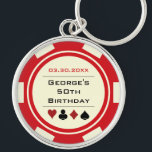 Birthday Poker Chip Las Vegas Theme Red Off White Key Ring<br><div class="desc">This red and off-white poker chip style keychain would make a perfect gift for either the birthday boy,  or,  for the whole party as a gift! Personalize your design with a name and birth date # in black in the center,  and your custom text in red on top.</div>