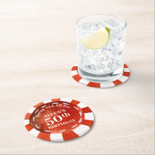 Birthday Poker Chip Red White Personalised Round Paper Coaster