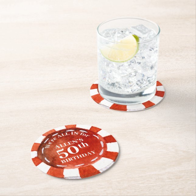 Birthday Poker Chip Red White Personalised Round Paper Coaster (Insitu)