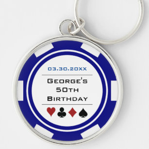 Birthday Poker Chip Vegas Theme Navy Blue White Key Ring