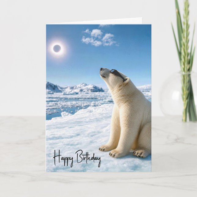 Birthday Polar Bear Looking at Solar Eclipse  Card (Front)