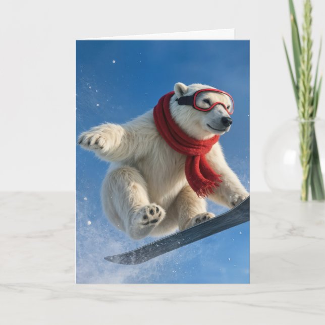 Birthday Polar Bear Mid-air on a Snowboard Card (Front)