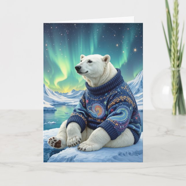 Birthday Polar Bear Sitting Under Northern Lights Card (Front)