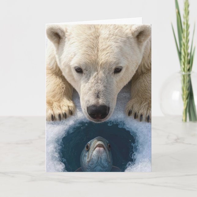 Birthday Polar Bear Staring at a Fish Card (Front)