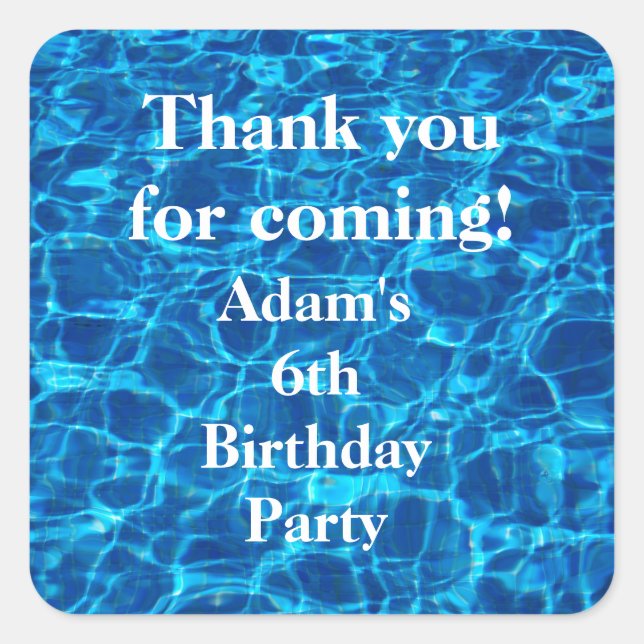 Birthday Pool Party Blue Personalised Thank You Square Sticker (Front)