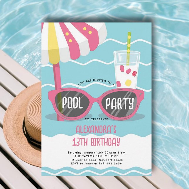 Birthday Pool Party Cute Pink Sunglasses Chic Teen Invitation (pool birthday party invitations for teens girls tween thirteen sunglasses cute unique cool orange)