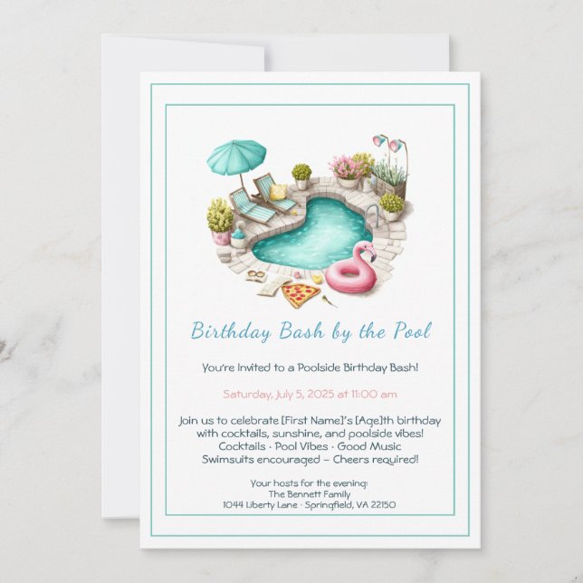 Birthday Pool Party Invitation with Cocktails  (Front)