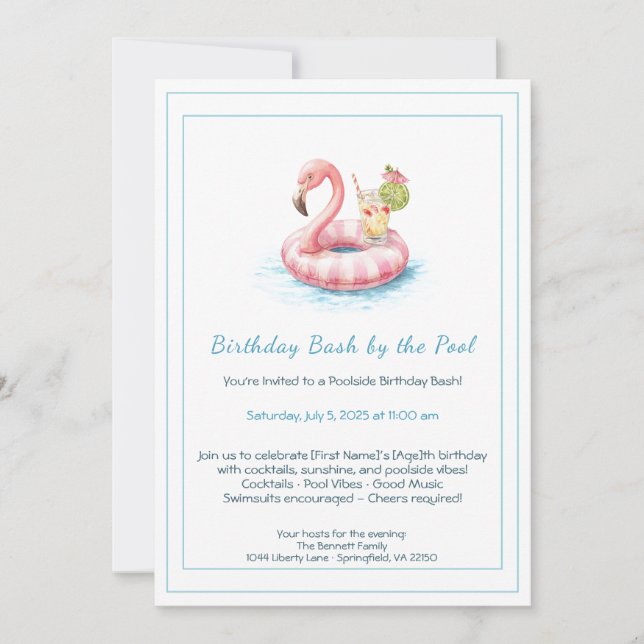 Birthday Pool Party Invitation with Cocktails  (Front)