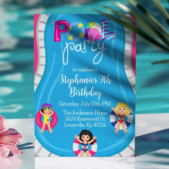 Birthday Pool Party Pink Girls Summer Invitation (Creator Uploaded)