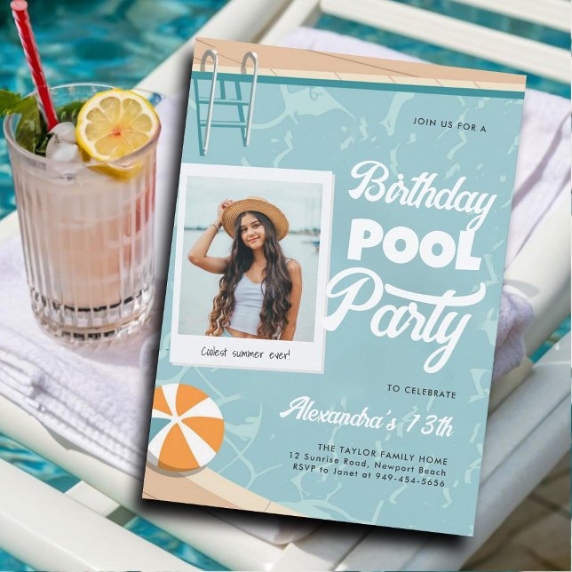 Birthday Pool Party Summer Cool Teen Tween Photo Invitation (birthday pool party invitations for girls teen tween thirteen photo template modern vintage cool)