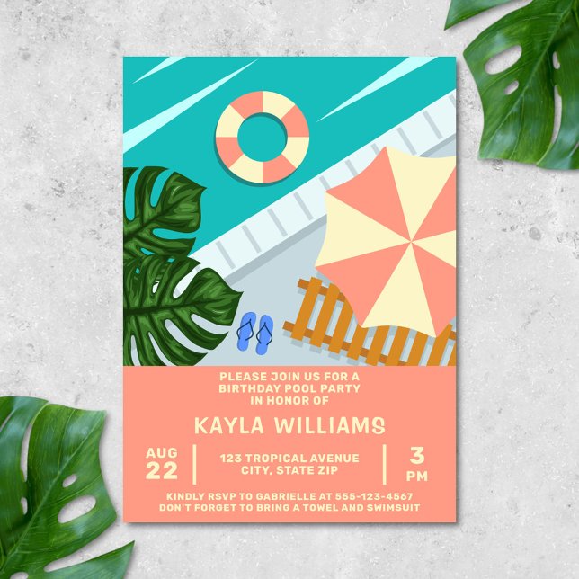 Birthday Pool Party Tropical Pool Scene Invitation (Birthday pool party invitation)