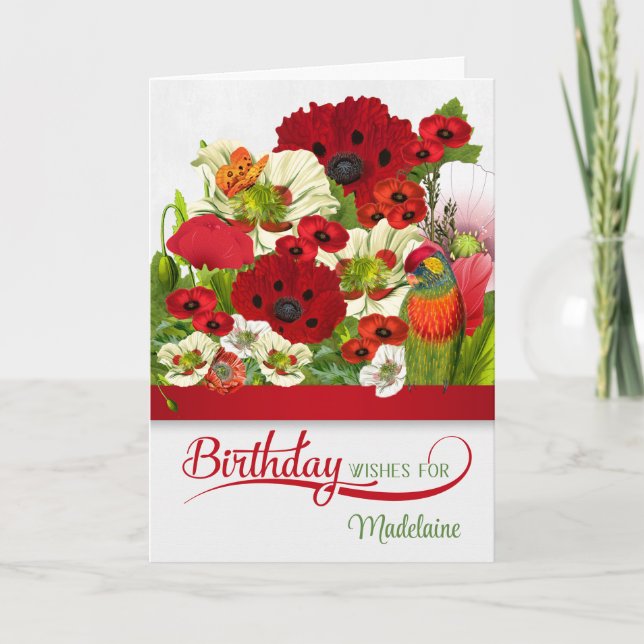 Birthday Poppies with Butterfly and Lorikeet Name Card (Front)