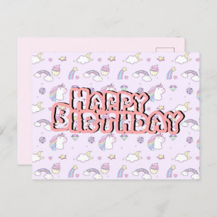 Birthday postcard cute unicorn pink