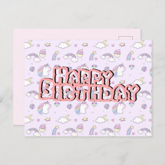 Birthday postcard cute unicorn pink