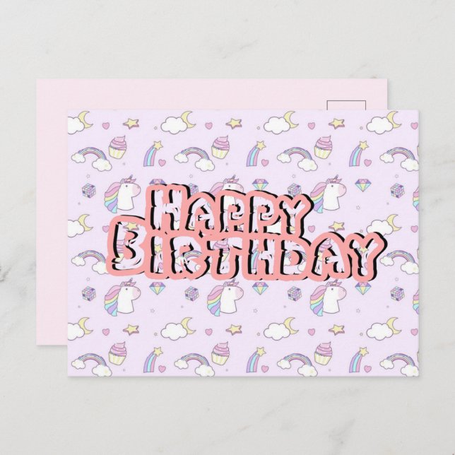 Birthday postcard cute unicorn pink  (Front/Back)