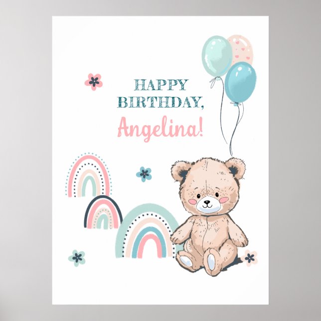 Birthday Poster with a cute teddy bear. (Front)