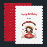 Birthday princess card<br><div class="desc">Cute little princess with dark hair,  red dress,  hearts and flowers</div>