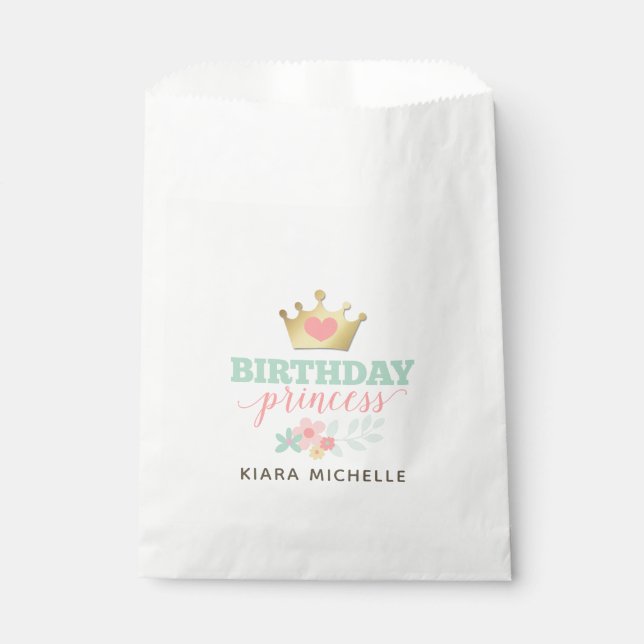 Birthday Princess Gold Crown & Shabby Pink Floral Favour Bag (Front)