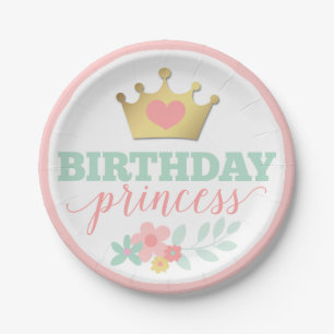Birthday Princess Gold Crown & Shabby Pink Floral Paper Plate
