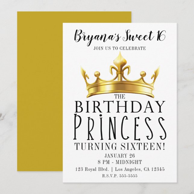 Birthday Princess Gold Crown Tiara Sweet 16 Party Invitation (Front/Back)