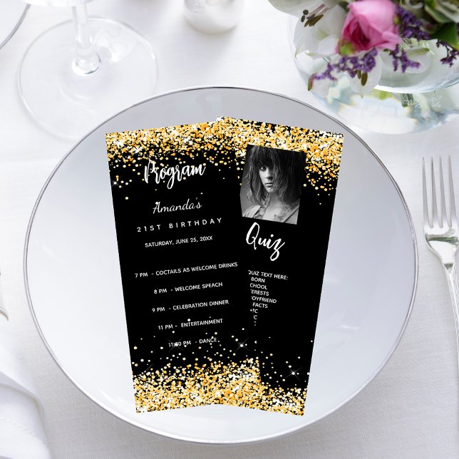 Birthday Progam Quiz black gold glitter photo Rack Card (Creator Uploaded)
