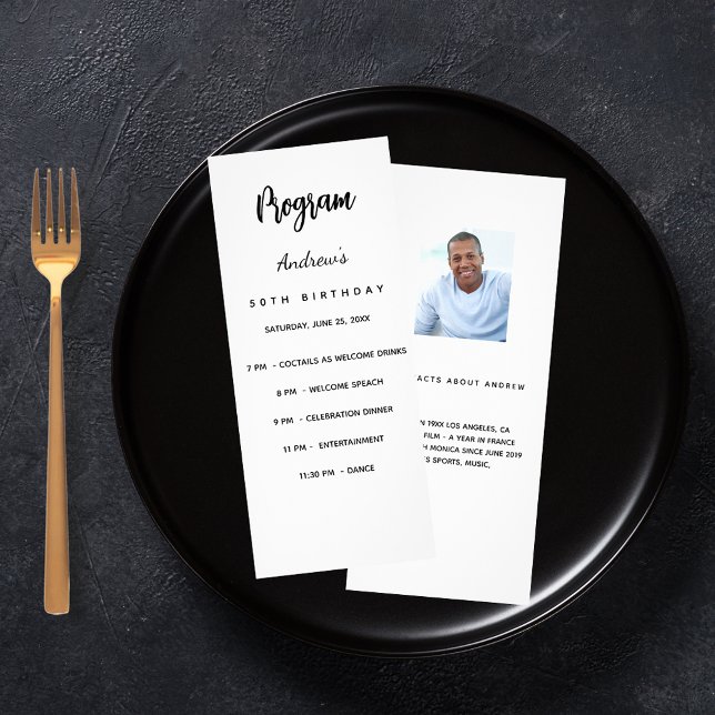 Birthday program black white photo fun facts rack card (Creator Uploaded)