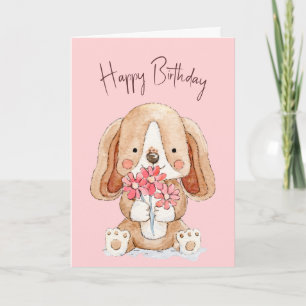 Birthday Puppy Dog with Flowers Card