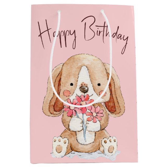 Birthday Puppy Dog with Flowers  Medium Gift Bag (Front)