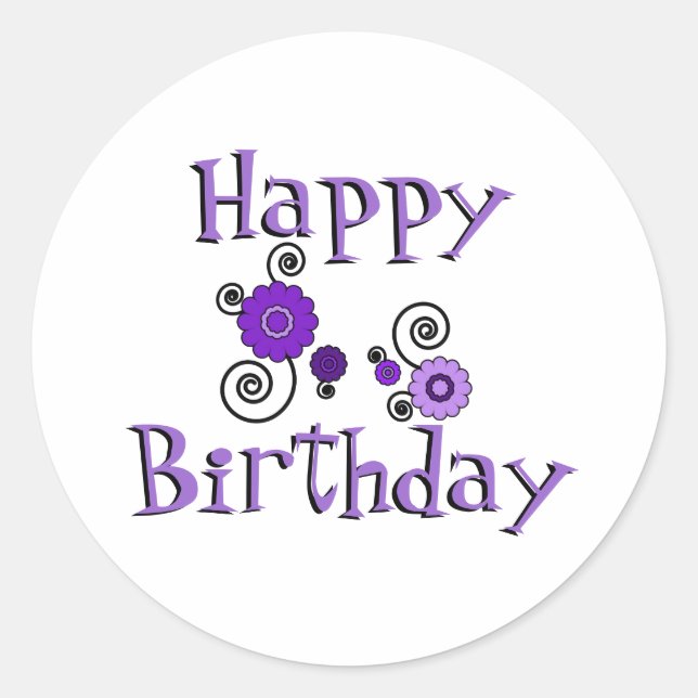 Birthday, purple & black flowers, white background classic round sticker (Front)