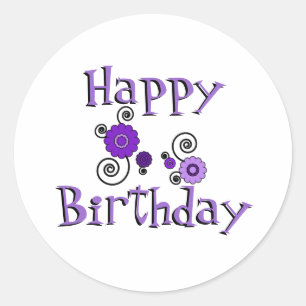 Birthday, purple & black flowers, white background classic round sticker