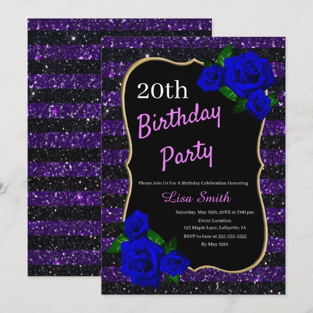 Birthday Purple Black Stripe Glitter Deep Blue Ros Invitation (Front/Back)