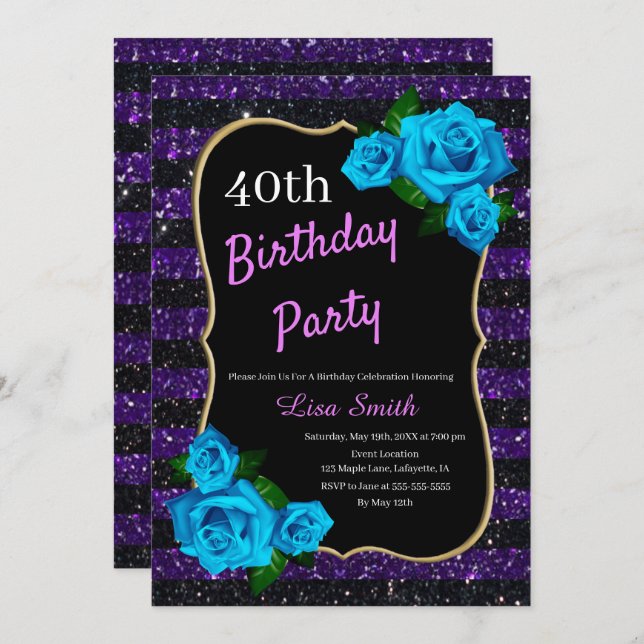 Birthday Purple Black Stripes Glitter Blue Roses Invitation (Front/Back)