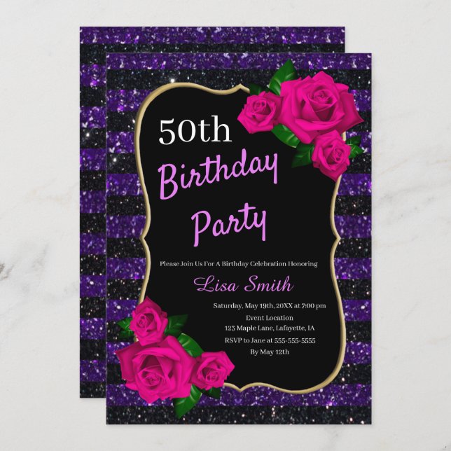Birthday Purple Black Stripes Glitter Pink Roses Invitation (Front/Back)