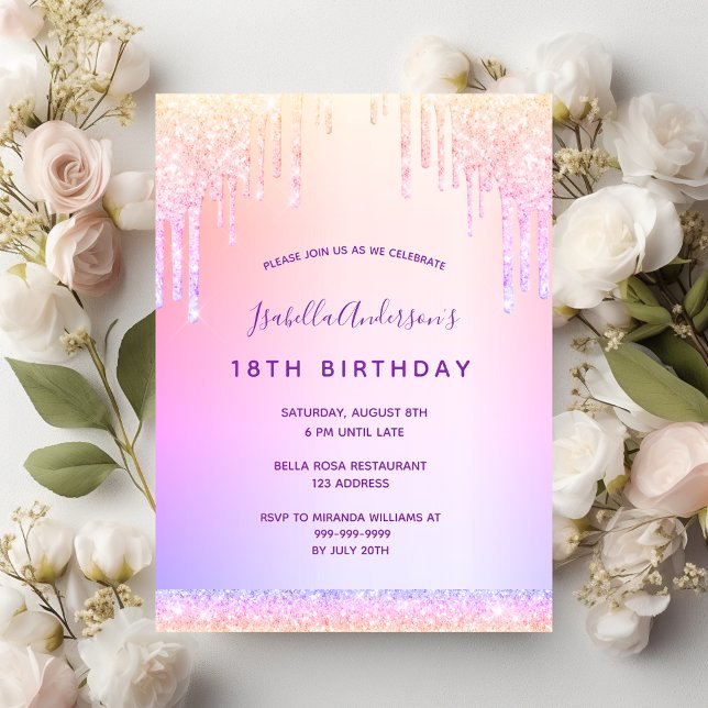 Birthday purple blush pink glitter drips postcard (Creator Uploaded)
