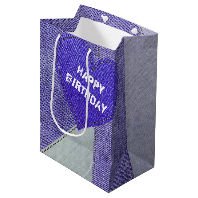 Birthday Purple Denim Heart Medium Gift Bag (Front Angled)