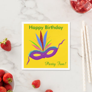 Birthday Purple Feathers Mask Mardi Gras Napkin
