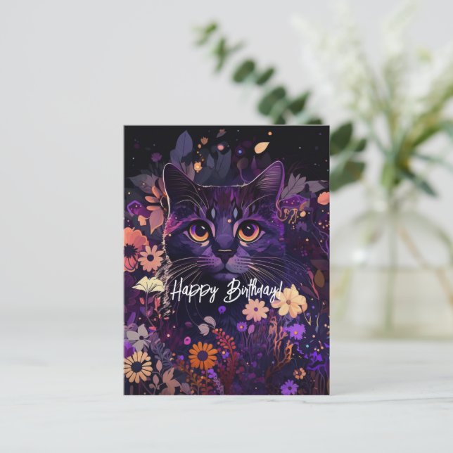 Birthday Purple Floral Cat Holiday Postcard (Standing Front)