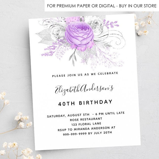 Birthday purple floral silver budget invitation flyer (Creator Uploaded)