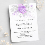 Birthday purple florals elegant silver luxury invitation<br><div class="desc">For a 40th (or any age) birthday party.  A stylish white background. Decorated with purple and white florals,  roses and silver foliage.   Personalise and add a name and party details.</div>