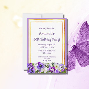 Birthday purple florals gold white invitation