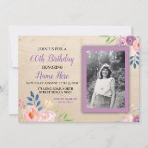 Birthday Purple Flower Photo Invitation Pretty