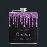 Birthday purple glitter black monogram friends hip flask<br><div class="desc">A gift from friends for a girly and glamourous 21st (or any age) birthday girl. A classic black background with purple faux glitter drips, paint dripping look. The text: The name is written in violet with a modern hand lettered style script. Personalise and add a name, age 21 and a...</div>