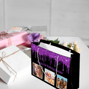 Birthday purple glitter drips black monogram large gift bag