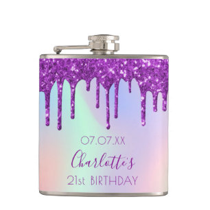 Birthday purple glitter drips holographic name hip flask