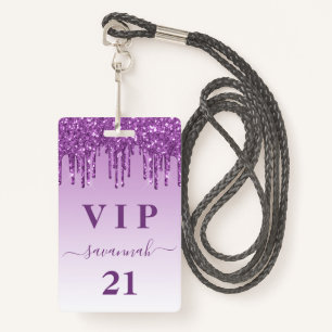 Birthday purple glitter drips monogram luxury vip  ID badge