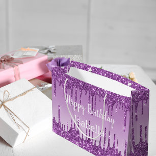 Birthday purple glitter drips name large gift bag