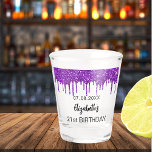 Birthday purple glitter drips name shot glass<br><div class="desc">For a 21st (or any age) birthday. Transparent background.  Decorated with purple faux glitter drips.  Personalise and add a date,  name and age.</div>