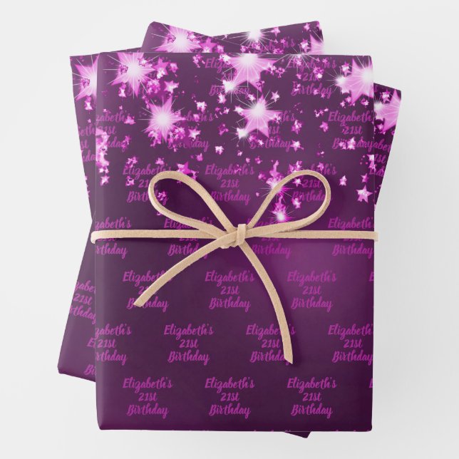 Birthday purple glitter drips pink monogram  wrapping paper sheet (In situ)
